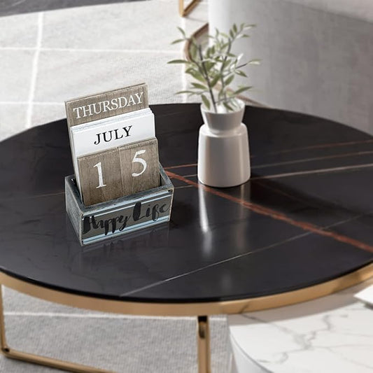 Notakia Perpetual Calendar Wooden Calendar Blocks Vintage Wood Block Calendar for Home Office Desk Accessories Week Month Date Display (Happy Life)
