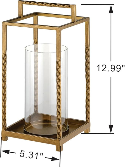 13" Modern Metal Lantern with Twisted Rope-style Frame In Antique Brass with Glass Hurricane For Pillars, String Light. Centerpiece, Mantel, Ambient Lighting, Farmhouse, Transitional, Patios, Entryway