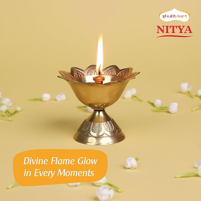 Shubhkart Brass Oil Lamp for Puja/ Burner/ Diya for Diwali Pooja | Indian Pooja Oil Lamp, Golden Diya Lamp, 3" Devas Diya | Engraved Floral Design