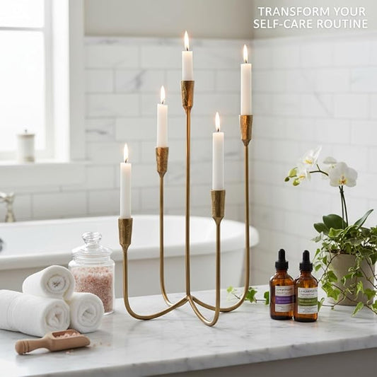 Candelabra for 5 Taper Candles – Hand-Forged Candle Holder with Elegant Vintage Finish – Decorative Centerpiece for Dining Room, Living Room or Mantel Decor(Brass Color-Straight)