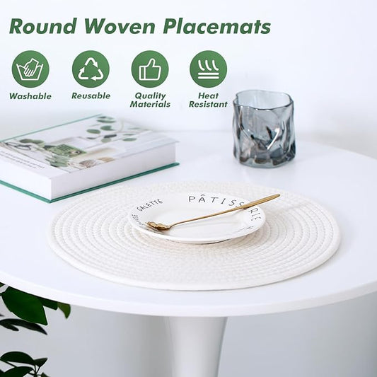 Round Woven Placemats Set of 8 Heat Resistant Placemats 13.5 Inches Farmhouse Cotton Rope Place Mats for Dining Tables Trivets for Hot Dishes, White