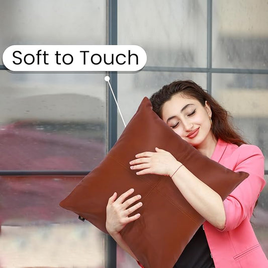 LL LEATHER LOVERS Lambskin Leather Pillow Cover - Sofa Cushion Case - Decorative Throw Covers for Living Room & Bedroom, 16x16 Inches - Camel Antique Plane Pack of 2