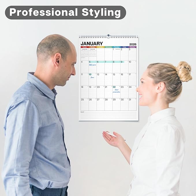 Dunwell Large Wall Calendar 2026, 12x17 (Colorful), Big Grid 12 x 17 Hanging Monthly Calendar with Large Daily Blocks, Premium Paper, Use Jan to Dec 2026