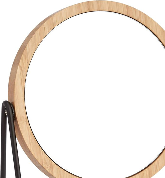 Amazon Basics Vanity Round Tabletop Mirror with Bamboo Rim, Double Sided Magnifying, 360° Rotation, Black, 7.2"L x 2.87"W