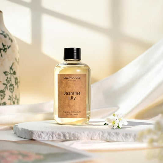 Jasmine Lily Scented Reed Diffuser Oil Refill with 10 Sticks, 120 Days Long Lasting for Home, Elegant Fragrance for Bathroom Bedroom Office Decor Air Fresh, 6.7 fl oz / 200 ml