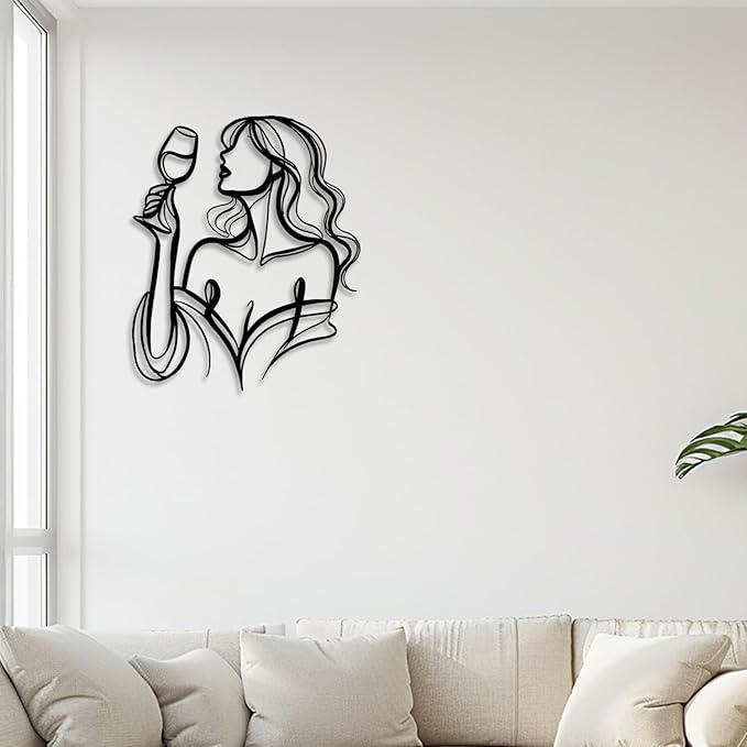 LIYOUYA Drinking Woman Metal Wall Decor - Wine Art Decor Simple Black Wall Art Home Decor for Living Room, Dining Room, Bar (Black)