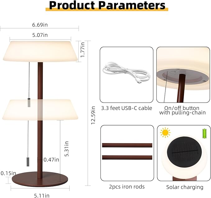 Solar LED Outdoor Table Lamp Waterproof, 3 Level Dimmable Desk Night Light, Portable Cordless USB Rechargeable, for Home/Deck/Patio/Garden (Bronze)