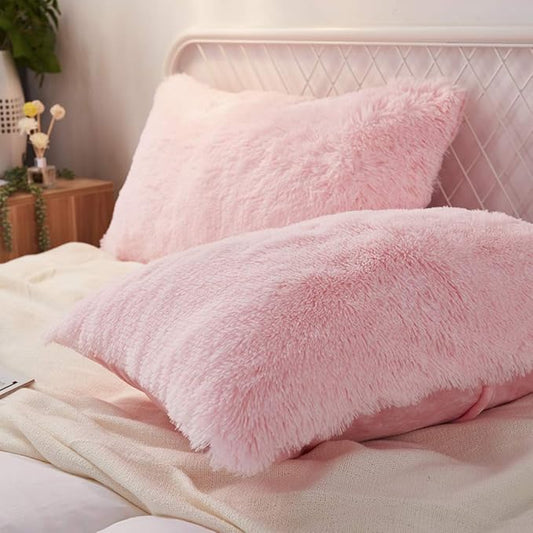 Uhamho Set of 2 King Faux Fur Throw Pillow Covers Fluffy Soft Velvet Decorative Pillowcases Zipper Closure(20 x 36 Inches Pink)