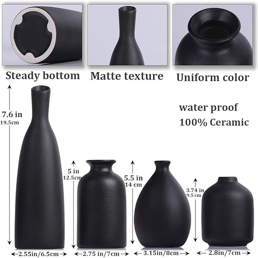 Black Ceramic Bud Vases Set of 4, Farmhouse & Mantle Decor, Living Room, Kitchen & Office, Coffee Table Decor, Bulk