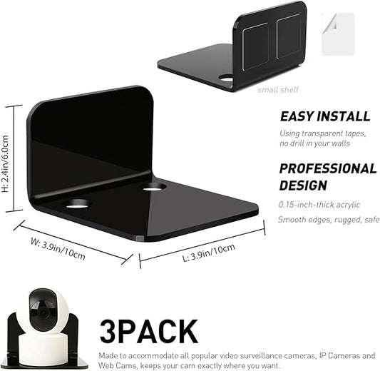 OAPRIRE Acrylic Floating Wall Shelves Set of 3, Drill Free with10 Piece Strong Tapes - Universal Small Adhesive Shelf for Security Cameras, Baby Monitors with Cable Clips (Black)