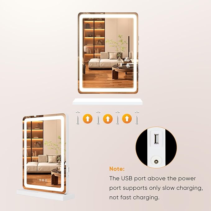 DUMOS 17"x13" LED Vanity Mirror with Lights, Dimmable 3 Color Modes Makeup Mirror with Memory Function, USB Charging, Aluminum Frame, Lighted Mirror for Desk or Bedroom