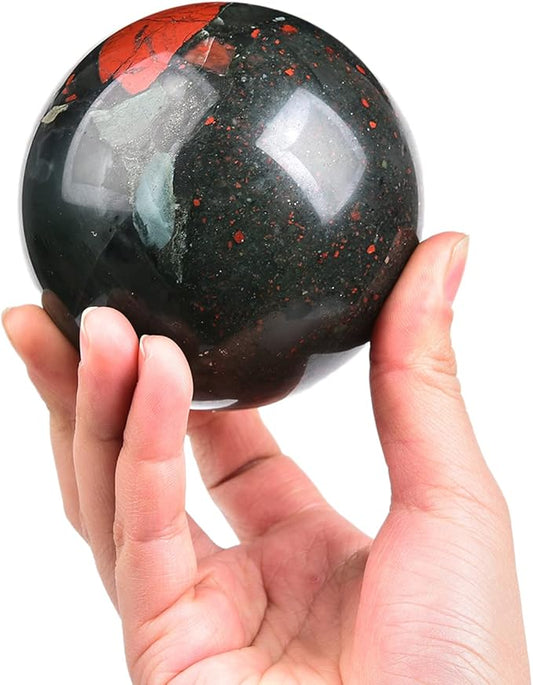 JIC Gem Natural African Bloodstone Healing Crystal Sphere Divination Gemstone Ball,Feng Shui Reiki Aura Home Desk Decor (80-90mm)