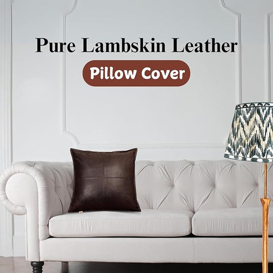 Lambskin Leather Pillow Cover - Sofa Cushion Case - Decorative Throw Covers for Living Room & Bedroom, 22x22 Inches - Dark Brown Crunch Box Pack of 2