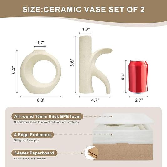 Assemble OK Ceramic Vase Set of 2 for Home Decor, Modern Boho Ins Style Matte Sculptural Flower Vase for Table Centerpiece, Living Room, Shelf, Mantle, Housewarming Gift (Beige White)