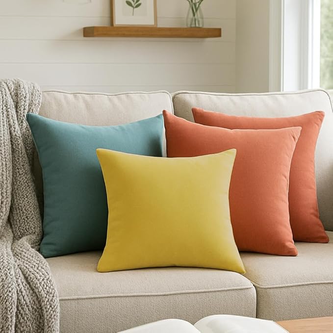 QUORGVES Yellow Velvet Pillow Covers 16x16 Inch Set of 2, Soft Solid Decorative Square Throw Pillow Covers, Decor Cushion Covers for Bed Sofa Couch Bedroom Living Room - Spring Summer Light Lemon