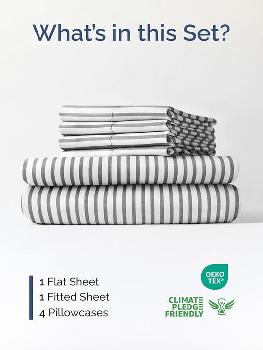 Extra Deep King Sheet Set - 6 Piece Breathable and Cooling Sheets - Hotel Luxury Bed Sheets Set - Easy Fit - Soft, Wrinkle Free and Comfy Sheets Set - Grey Striped Sheet Set with Extra Deep Pockets