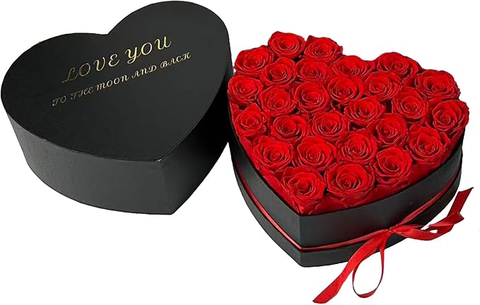 Preserved Roses Heart Shape Box Valentines Day Gifts for Her Mothers Day Forever Flowers (Red, 27 Roses)