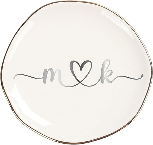 Personalized Ceramic Gold Trim Jewelry Tray Bridesmaid Wedding Engagement Gifts Jewelry Dish Decorative Trinket Custom Ring Dish With Name Couple Initials (Style B)
