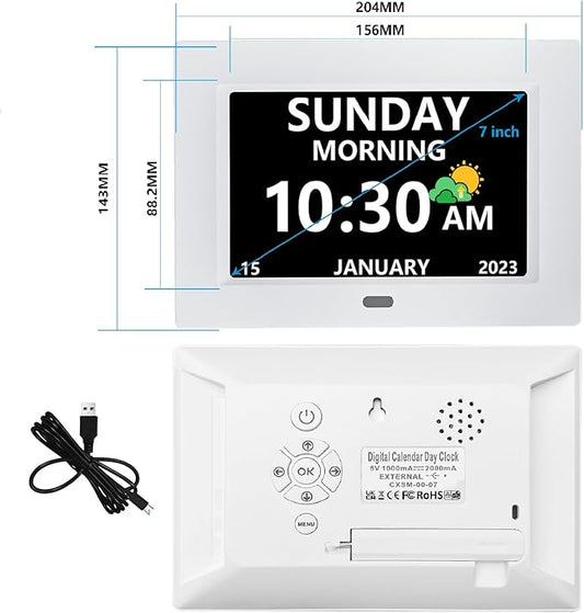 7 Inch Clock with Day and Date for Elderly Large Display Digital Clocks 12 Alarm 3 Display Modes Large Font Alzheimer's Clock Alarm Clocks for Seniors Auto DST White