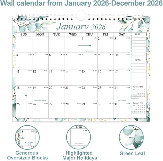 Calendar 2026-12 Months Wall Calendar from January 2026 to December 2026, 2026 Wall Hanging Calendar Planner with Thick Paper, 8.5" x 11", Teal Leaf