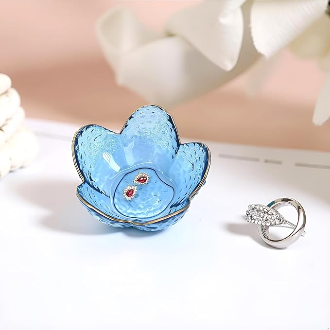 Flower Shape Ring Dish Jewelry Tray Organizer, Glass Accent Tray for Vanity, Small Decorative Trinket Dish, Crystal blue