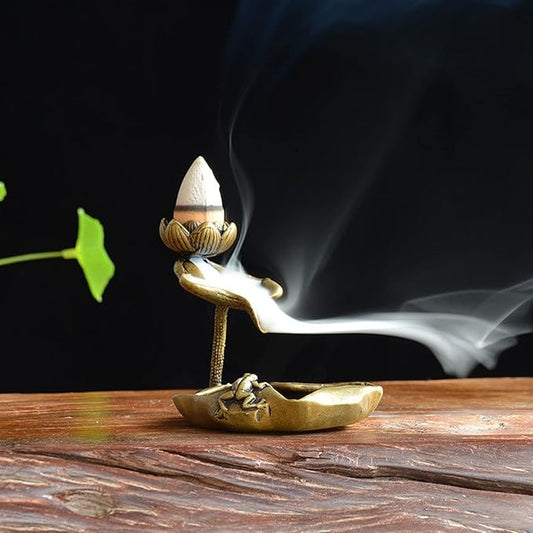 OwMell Lotus Backflow Incense Holder, Vintage Brass Lotus Waterfall Incense Burner, Aromatherapy Ornament Home Decor - Frog