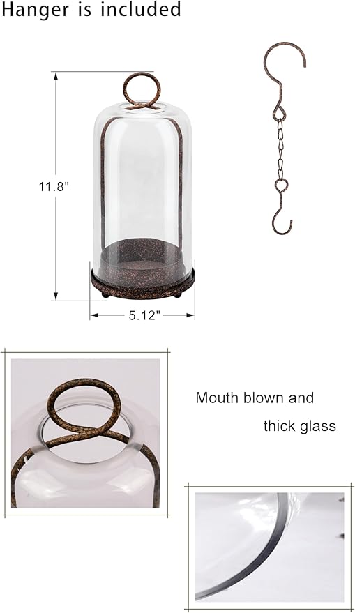 12" High Versatile Modern Metal Hurricane Lantern with Handmade Sturdy Glass Dome in Rustic Brown for Pillar Candle & Plants, Industrial, Farmhouse, Shabby Chic (Brown, 5"x12")