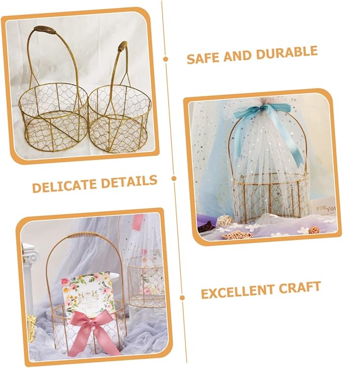 Flower Basket with Handle Decorative Iron Wire Storage Basket for Wedding Fruits Home Organization Stylish Round Design for Home Decor Present Giving