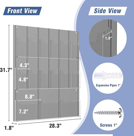 Acrylic Brochure Pamphlet Holder, 3 Magazine Holders and 12 Pamphlet Holders, Wall Mount Display Rack, Trifold Flyer Holder, Literature Organizer for Home, Office, Dual-Tone Clear Front & Black Back