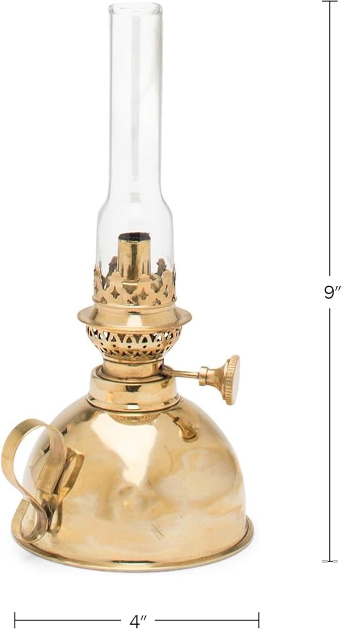 Kings County Tools Small Antique-Style Extra-Bright Oil Lamp | Brass Body with Glass Chimney | 4" Wide by 9" High