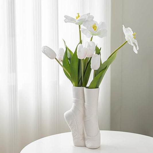 Ballet Shoe Modern Ceramic Vase, Nordic Art Ins Style Decorative Ceramic Aesthetic Foot Flower Vase for Home Living Room Table Bookshelf Decor (Matte White W 6" X H 9")