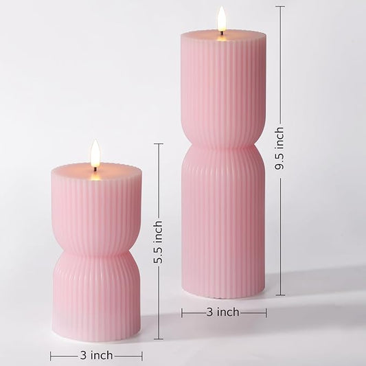 Pink Ribbed Flameless Pillar Candles with Remote, Flickering LED Candles Battery Operated Real Wax Set of 2