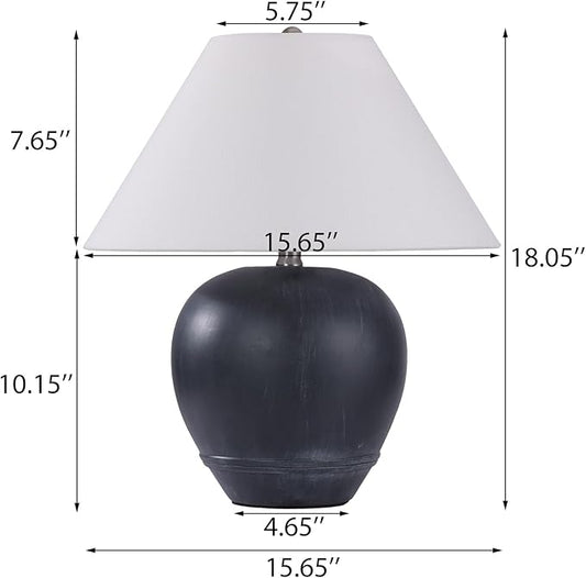 Pia Ricco 21'' Medium Size Black Glossy Ceramic Base Ceramic Basin Table Lamp for Bedroom, Living Room, Dining Room, Office, White Shade,Black Base
