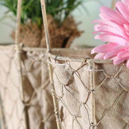 Factory Direct Craft Square White Washed Chicken Wire Double Basket with Natural Linen Liner. for Cottage, Coastal or Farmhouse Home Decor