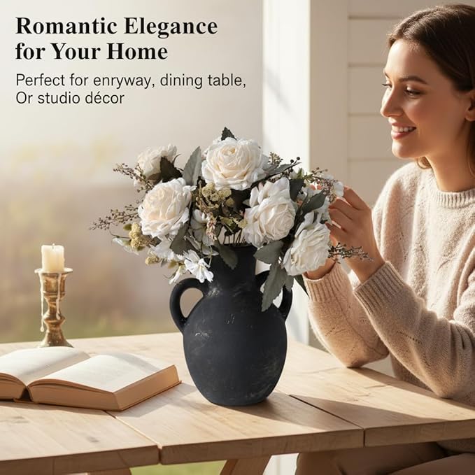 Retro-Style vase, Artificial Faux Flower Bouquet for Home Decor Indoor Fake Bouquet Faux Floral Arrangements Dining Table Centerpieces for Kitchen((Black)