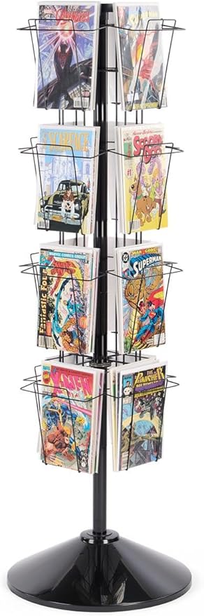 Displays2go 59" Tall Metal Wire Rotating Magazine Rack with 16 Pocket and Sign Holder - Black (WSFM416PB)