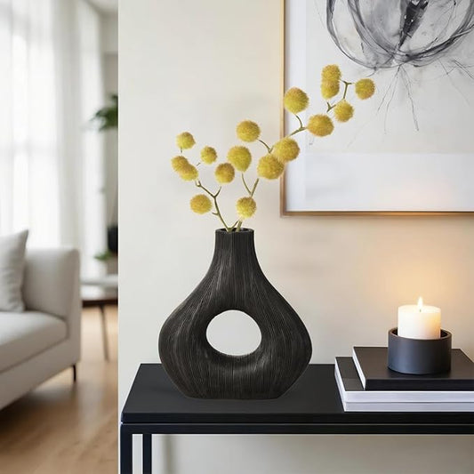 Torre & Tagus Black Donut Vase for Flowers - 9 Inch Tall Textured Vases for Centerpieces, Sculptures Home Decor & Abstract Sculptures Home Decor for Shelf Decor Aesthetic (Alma Black Flower Vase)