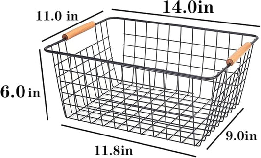 LeleCAT Large black wire basket for Organizing with Wooden Handles,pantry refrigerator organizers and storage,Snack Storage Baskets for Cabinets, Closets, Bedrooms, kitchen -2pack(Black)