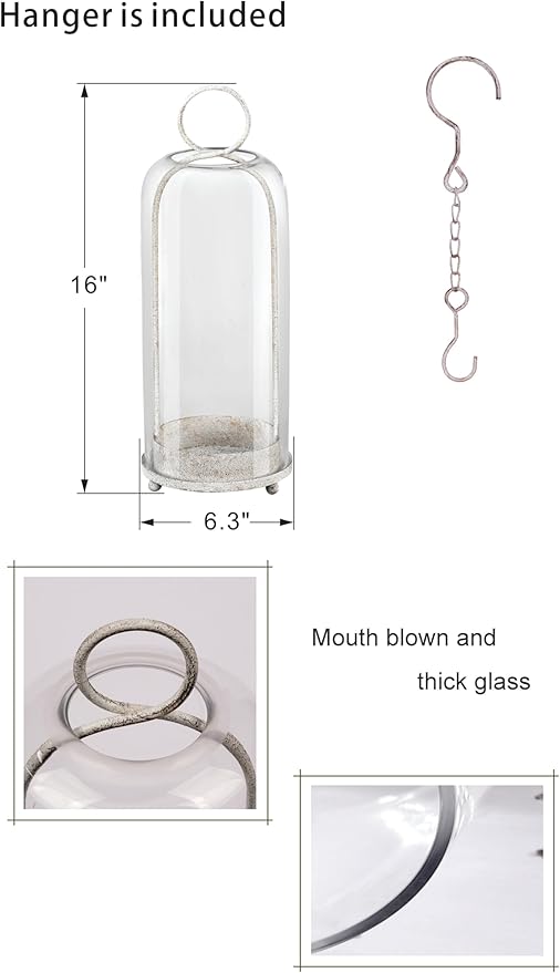 16" High Versatile Modern Metal Hurricane Lantern with Handmade Sturdy Glass Dome in Vintage White for Pillar Candle & Plants, Industrial, Farmhouse, Shabby Chic