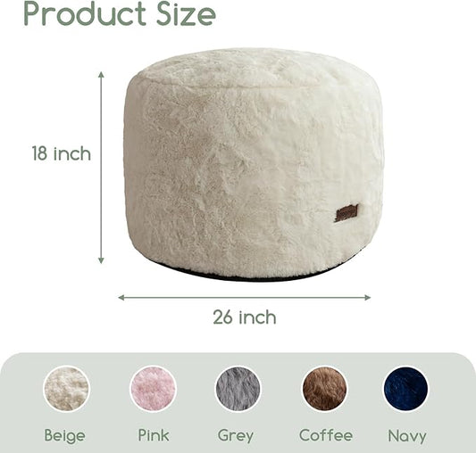 HIGOGOGO Pouf Stuffed Ottoman Round Modern Foam Filled Foot Rest Chair Decorative Poufs 26 x 18 Inches Fluffy Boho Comfy Stool for Living Room, Beige