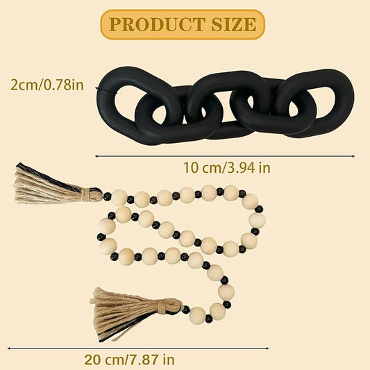 2 Pieces Decorative 5 Link Wooden Chain Decor and Bead Boho Farmhouse Rustic Home Table Decor Coffee Table Shelf Aesthetic Modern Bookshelf Table Wooden Decortion (Black)