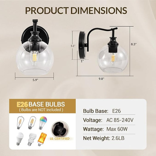 ANDY STAR 1-Light Bathroom Light Fixtures, Black Wall Sconces, Bathroom Vanity Light with Clear Glass Shade, Modern Wall Light Fixtures for Bath Mirror Hallway Bedroom Living Room, Hardwired, E26 Base