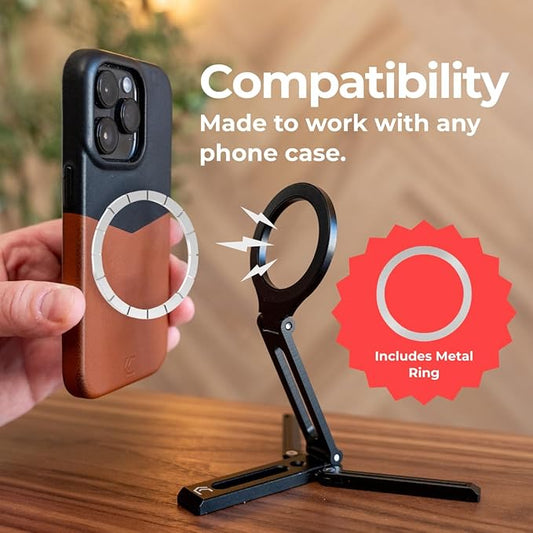Cinder Stand - Magnetic Mini Tripod Stand – Foldable Magnetic Phone Holder with Adjustable Angle – Strong Magnetic Grip for iPhone 12/13/14/15, Vertical & Horizontal – Travel-Friendly