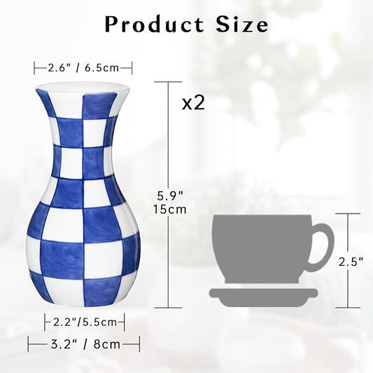 Small Blue and White Vase, 2-Pack 6 Inch Bud Ceramic Flower Vase, Retro Chinoiserie Vases for Fresh Dried Silk Flower Decor Side Table Living Room Bookshelf Antique Grand Millennial - Plain Glazed