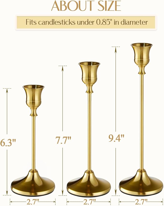 Willceka Gold Candlestick Holders, Taper Candle Holders, Set of 3 Brass Candle Holder Set, Vintage Table Centerpiece for Wedding Christmas Holiday