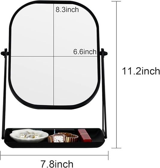360 Degrees Rotating Metal Makeup Mirror with Storage, Vanity Mirror for Desk, Bathroom, Bedroom, Dressing Table (Black)