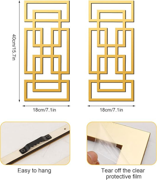2 Piece Gold Rectangular Wall Mirrors, 15.7×7 Inch Geometric Wooden Frame Acrylic Wall-Mounted Modern Mirror Decor for Bathroom Bedroom Living Room Office Farmhouse Home Decorations