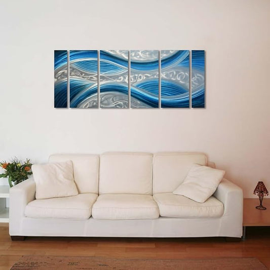 Handmade Abstract Metal Wall Art with Soft Color, Large Scale Decor in Blue Line Design Metal Art, 3D Artwork for Indoor Outdoor Wall Decorations, Decorative hanging in 6-Panels Measures 24"x 65"