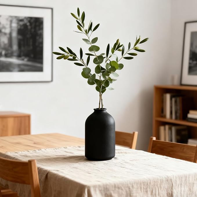 Large Black Ceramic Vase 8.6" – Matte Wabi Sabi Minimalist Vase for Table, Mantel & Shelf Decor