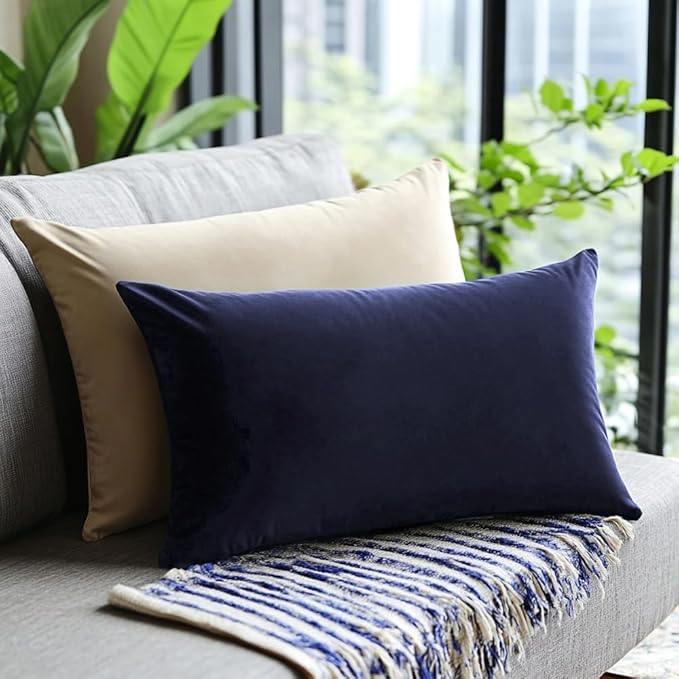 QUORGVES Navy Blue Velvet Pillow Covers 12x20 Inch Set of 2, Soft Solid Decorative Lumbar Throw Pillow Covers, Decor Cushion Covers for Bed Sofa Couch Bedroom Living Room - Dark Blue